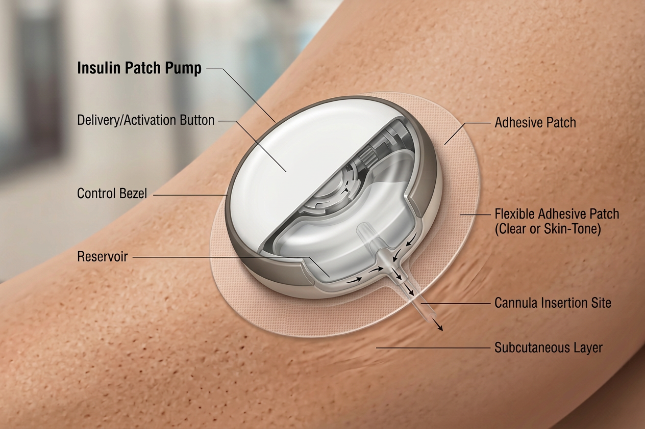 Cutaway illustration of the 7-Day Smart Injector worn on the arm, showing the delivery button, control bezel, reservoir, adhesive patch and cannula insertion site